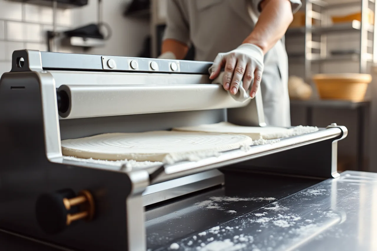 Worker cleaning a dough sheeter with the guard open (A month-long plan for bakery hiring and training)