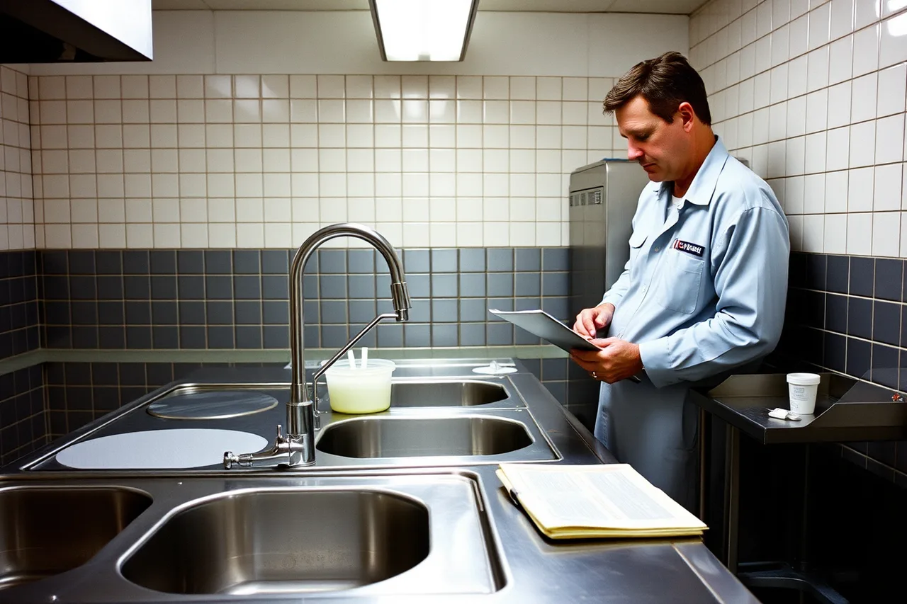 Inspector checking a three-compartment sink in a bakery kitchen (New York City bakery permits, rent, and wholesale rules explained)