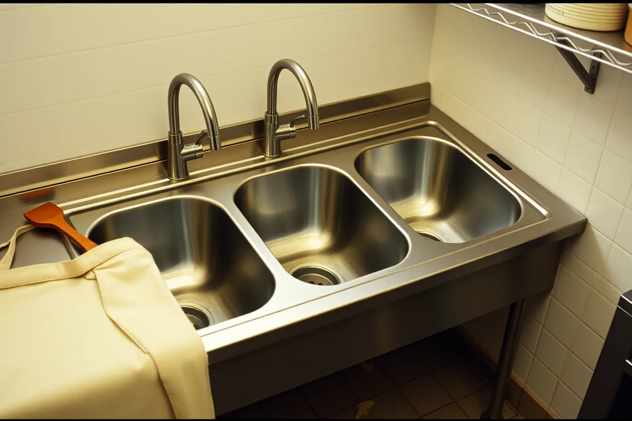 Three-compartment stainless sink in a bakery dish pit (What Seattle and Portland food-processor licensing requires of artisan bakers?)