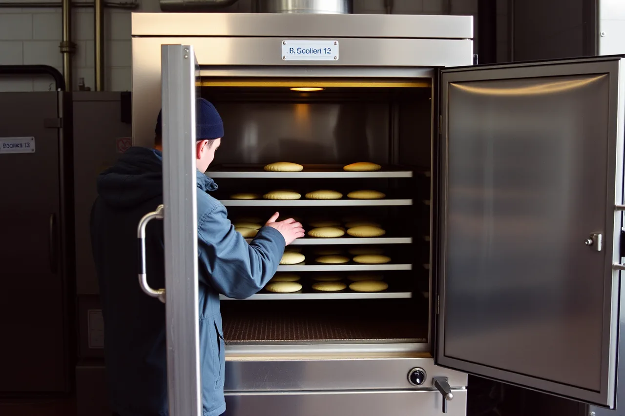 Baker checking a proof box door gasket in a cold bakery room (Upper Midwest cold-climate bakery operations, seasonal demand and delivery)